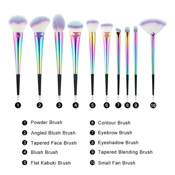 Beautiful Rainbow 10 pcs Nature Fiber Makeup Brush Set For Salon And Daily Use