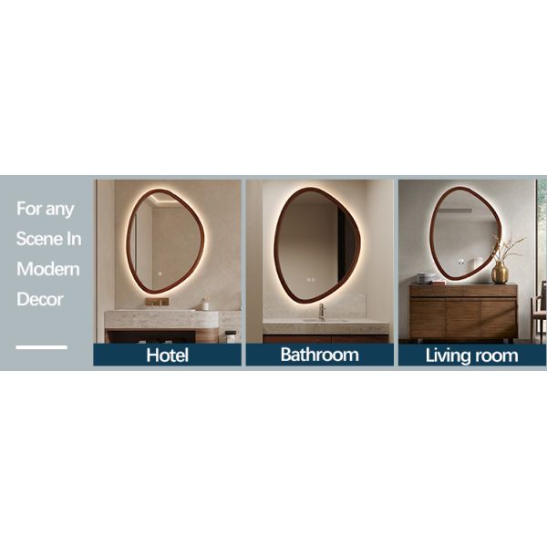 Walnut Color Wood Frame LED Mirror Illuminated Bathroom Decorative Mirror