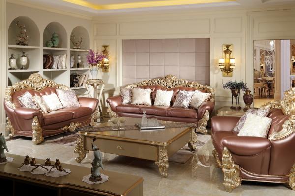 Joyful Ever Furniture Classic Luxury Leather Sofa set by Hand carving for Reception room