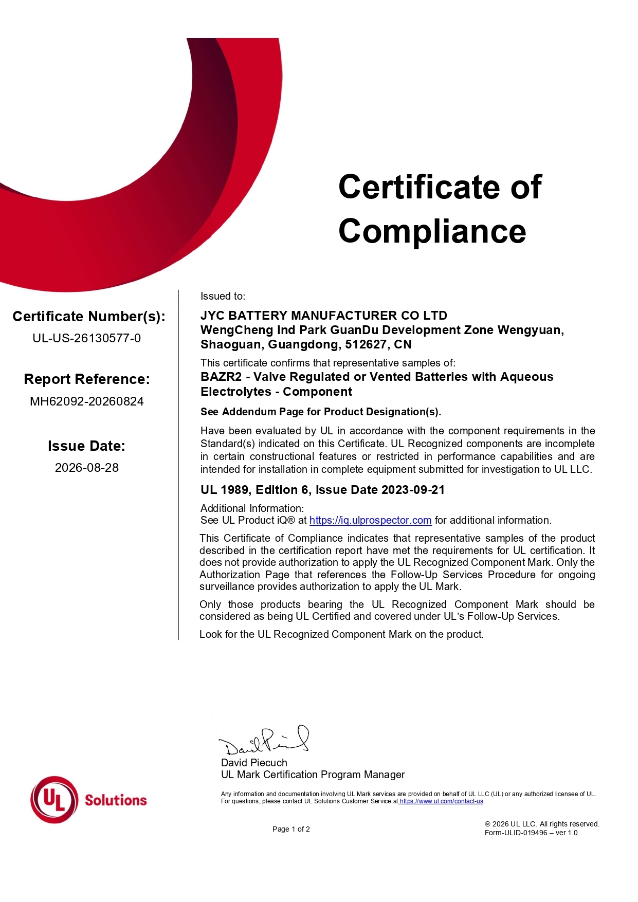 JYC Battery Manufacturer Co., Ltd. Certifications