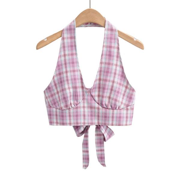 Женщин жилета урожая шотландки глубокого Neckline v верхние части хлопка пурпурных белых черных безрукавные