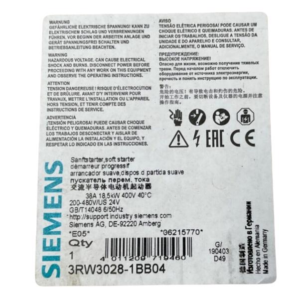 SIEMENS 3RW3028-1BB04 SIRIUS SOFT STARTER S0 38 A, 18,5 KW/400 V, 40 °C 200-480 V AC, 24 V AC/DC