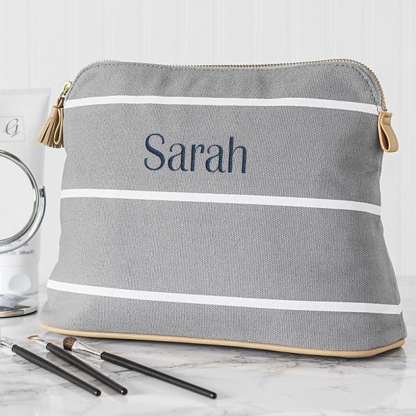 Personalized Blue Stripe Cotton Canvas Cosmetic Bag Bag