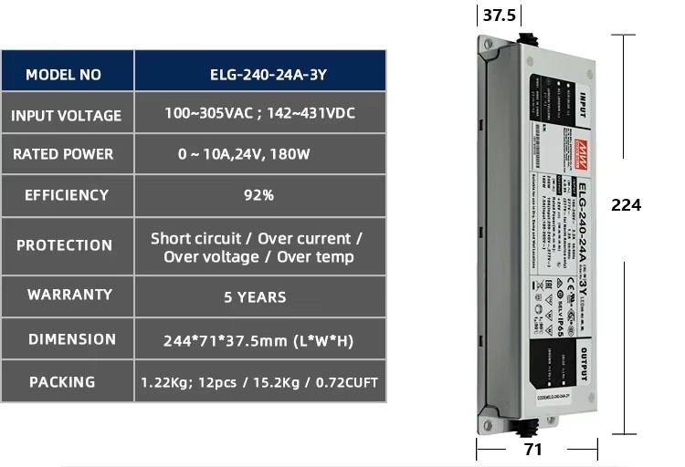 Meanwell Led Power Supply ELG Series 240W 10A 24Vdc Dimmable Led Driver IP65 IP67