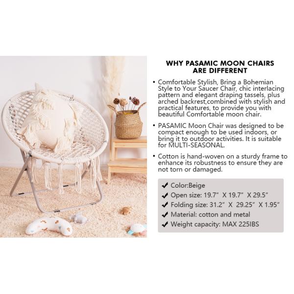 Saucer Chair with Folding Metal Frame, 100% Cotton Handmade Round Cozy Chairs, Exquisite Moon Chair for Bedroom