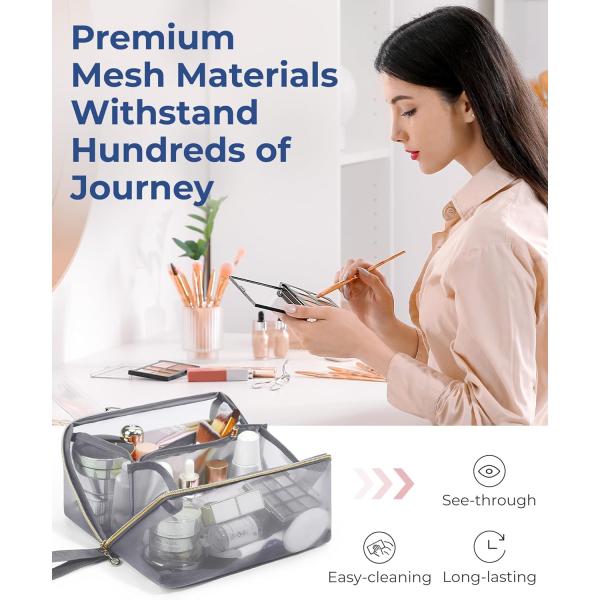 Portable Large Black Mesh Cosmetic Bag Open Flat Organizer Travel Bag For Men Women