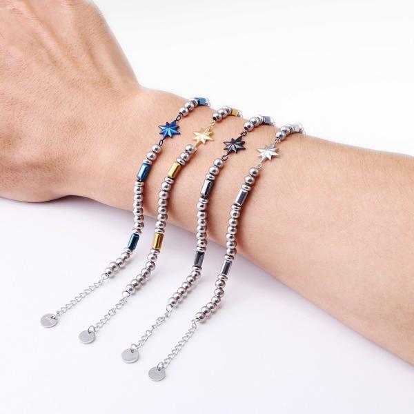 (Customized) Stainless steel men's bracelet, octagonal star Persian style trendy men's black stone bracelet