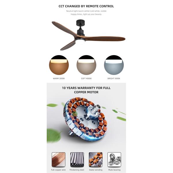 Indoor Remote Control 1500LM Solid Wood Ceiling Fan Light 120V 3000-5000K