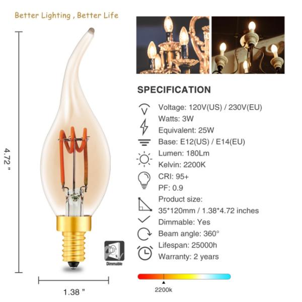 держатель винтажного Edison нити СИД спирали 230V шарика шарика 3W E14 E12 алюминиевый