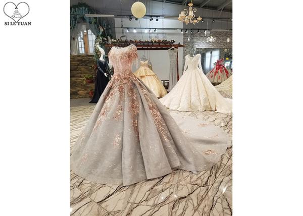 Long Tailor Made Prom Dresses Short Sleeve Dresses Pink Flowers Grey Beading