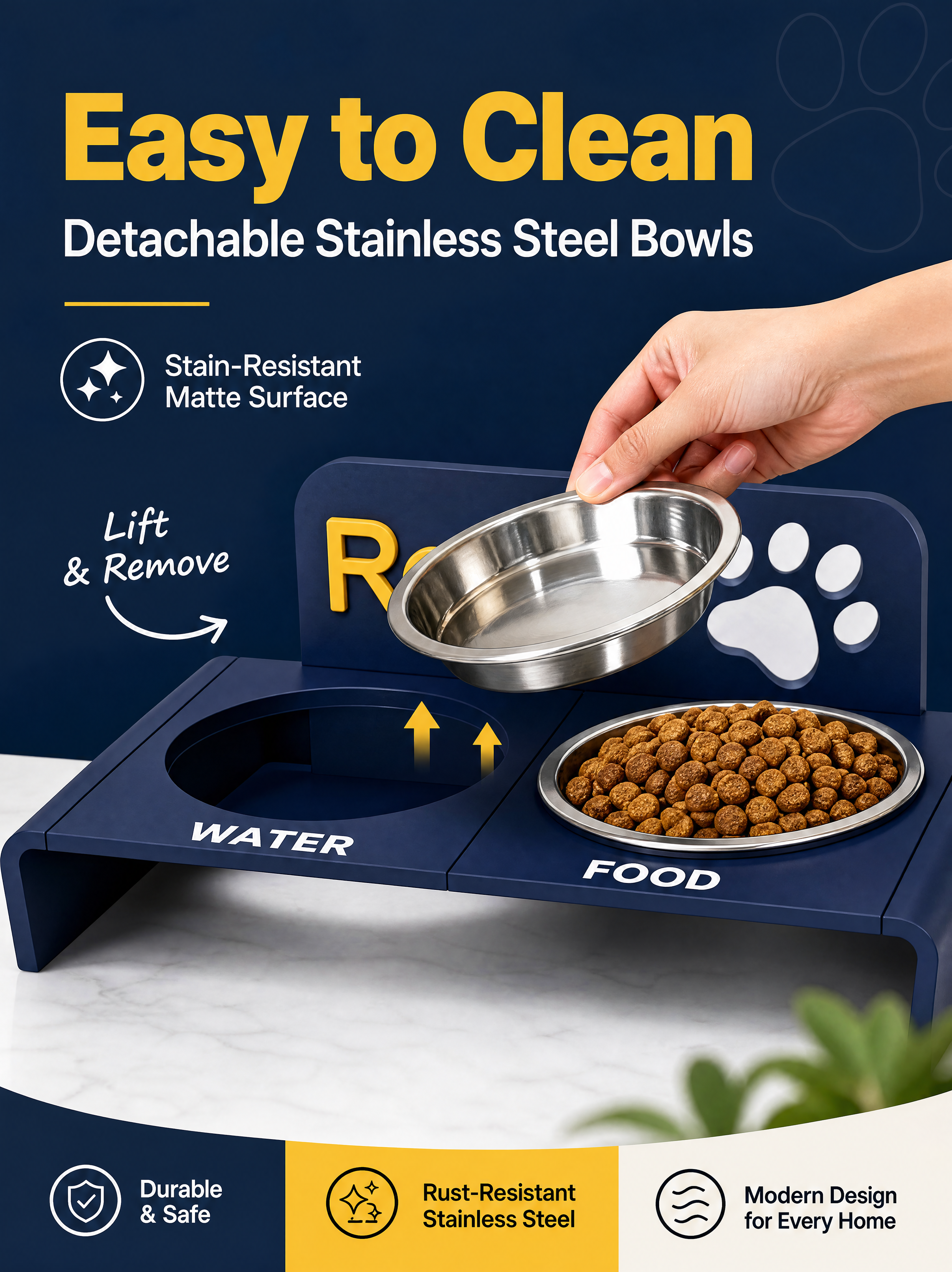 Navy Customized Name Dog Dining Station, 3D printed Pet Accessories Raised Feeding Stand Marked FOOD & WATER