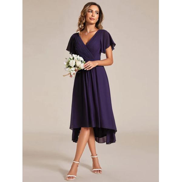 Chic V-neck High-low Short Flutter Sleeves A-line Ruffles Midi Invisible Zipper Dark Purple Chiffon  Cocktail Dress