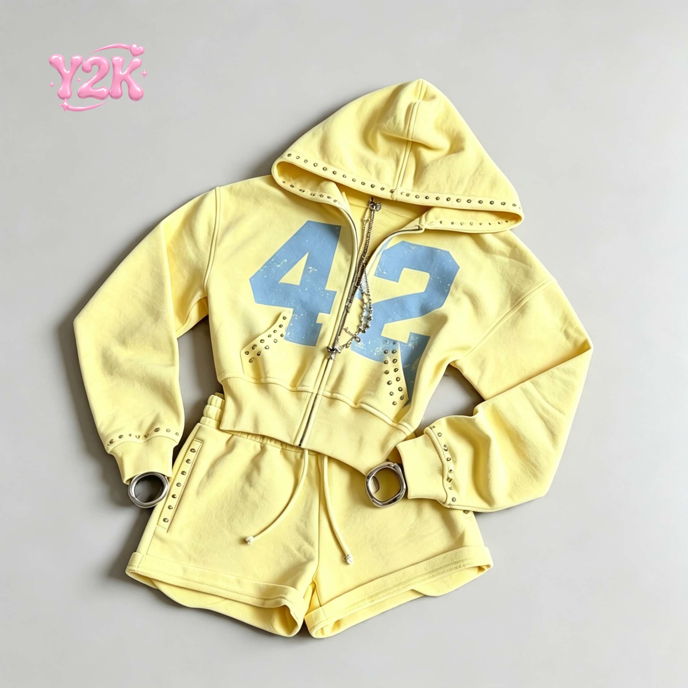 Custom Yellow Graphic Zip Up Hoodie & Mini Shorts Lounge Set