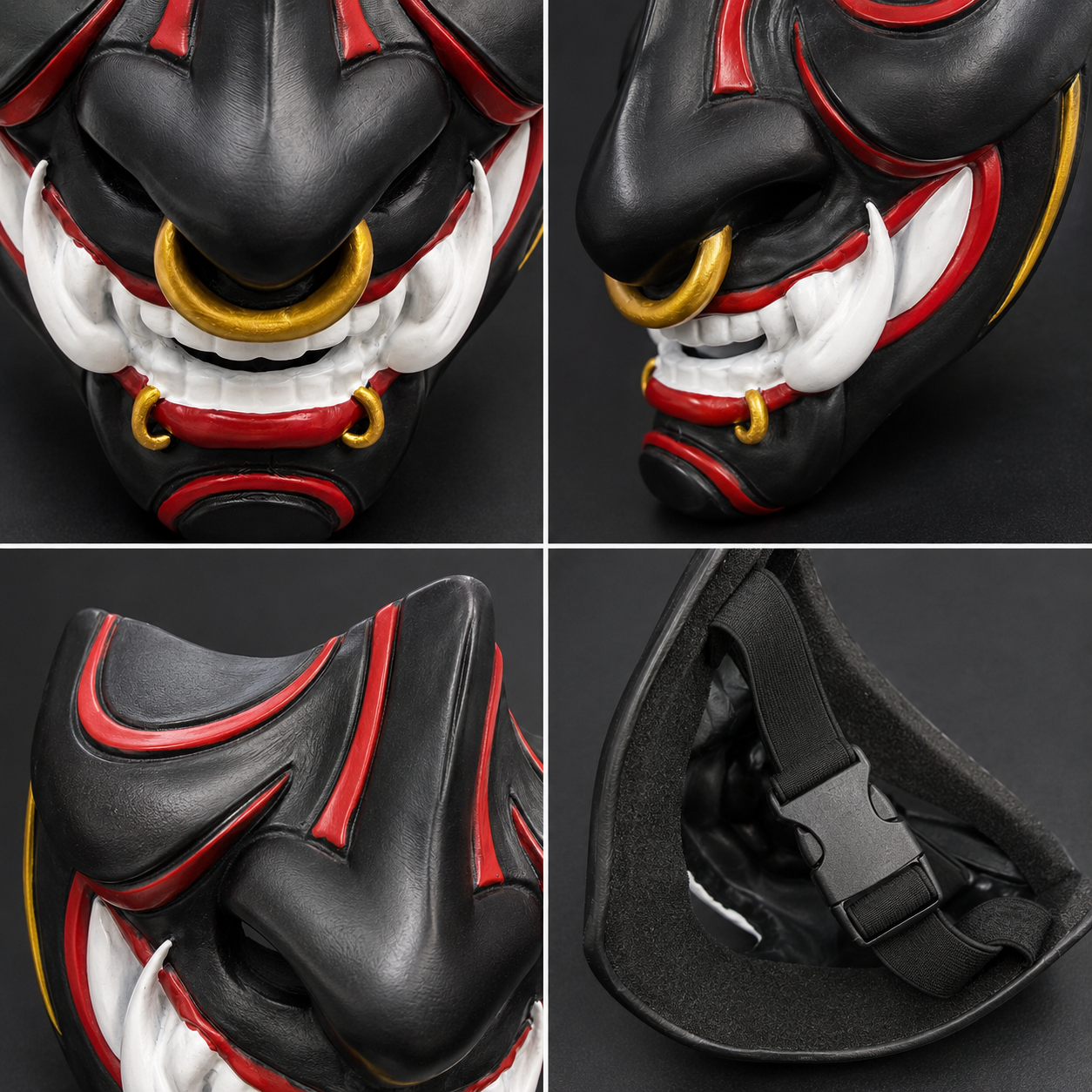 Resin Demon Half Face Mask, Black Red Oni Style Costume Mask with Gold Ring Accents for Adults, Halloween Cosplay, Masquerade Party, Festival Outfit, Photo Shoot and Stage Performance