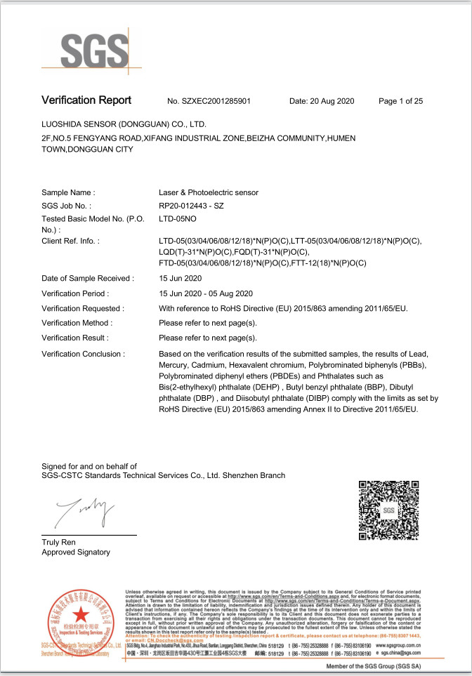 Luo Shida Sensor (Dongguan) Co., Ltd. Сертификации