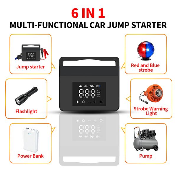 Emergency Start Power Supply 6 In 1 Wireless Power Bank Air Compressor Jump Starter With Tire Inflator Blower