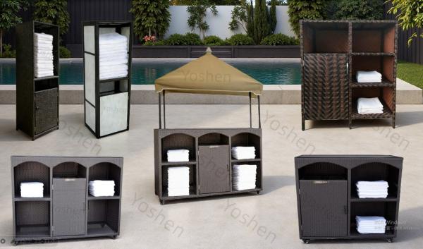 All in One Handwoven Rattan Towel Storage Solution with Towel Bin for Hotel Pool Resort