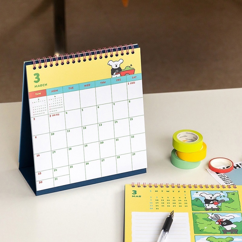 Cartoon Animal Illustrated Desktop Stand-Up Calendar With Wire-O Binding