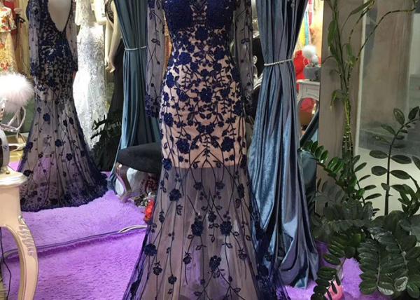 Navy Blue Long Sleeve Lace Mermaid Prom Dress V Neck Backless See Through Style