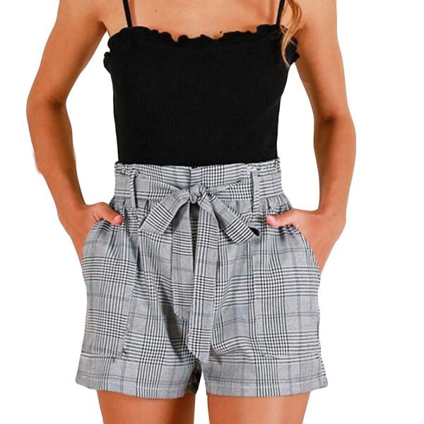 Leg Straight Ladies Plaid Elastic Waistband With Pocket Cotton Linen Shorts