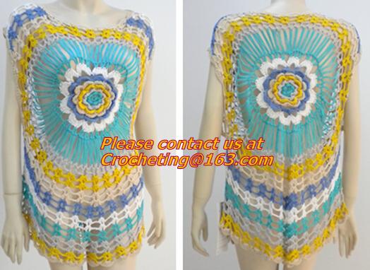 Crochet Sweaters, Women Fashion All-match Contrast Color Knitted Tricot Summer O-Neck Pullover Blouse Tops