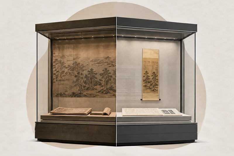 Anti-Glare Low-Iron Glass Dual-Zone Museum Exhibit Cabinet With Customizable Back Panels And Independent Compartments