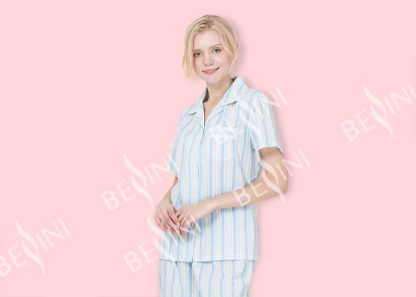 Striped Ladies Short Sleeve Pajama Sets , Lace Trimmed Women'S Sleepwear Sets