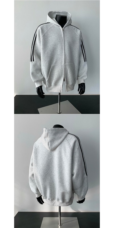 Men's Triple-Stripe Sleeve Full-Zip Hoodie with Ribbed Cuffs and Split Front Pockets