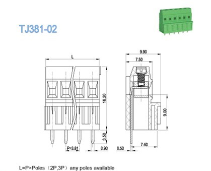 Green Plastic PCB Terminal Block Euro Style Pitch 3.81mm 300V 10A UL CE