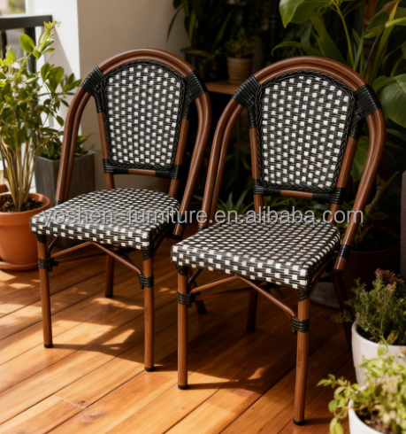 Commercial Use French Style Woven Rattan Chair Black White Checkered Patio Dining Chair for Cafe Restaurant Hotel