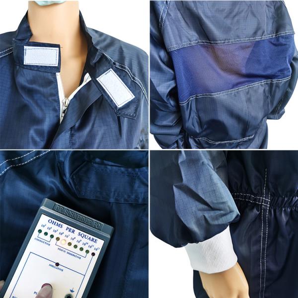 5mm Grid Dark Blue ESD Cleanroom Jumpsuit Coverall For Electronics Industries