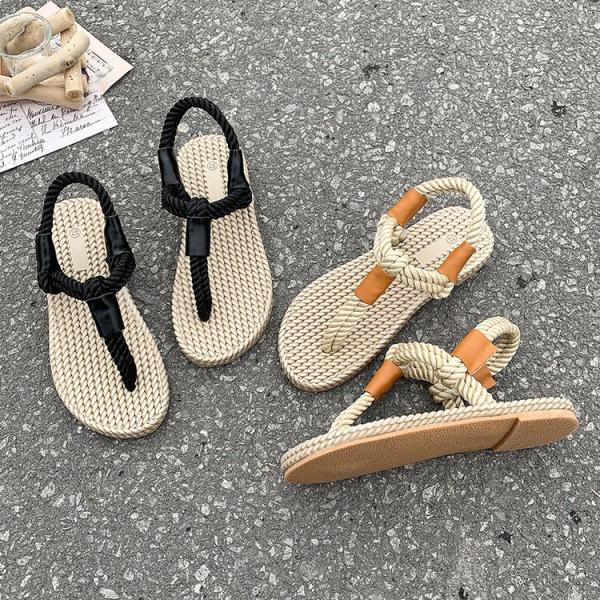 Y-Z Summer Fashion Open Toe Flip Flops Sandal Bohemian Beach Casual Large Size Women Roman Grass Woven Thong Sandals