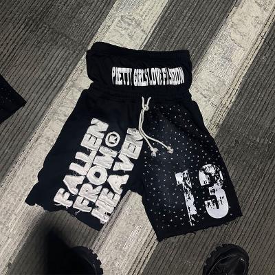 Shorts sur mesure en strass double taille appliqué brodé patch pantalon de rue stressé pantalon de survêtement pour hommes