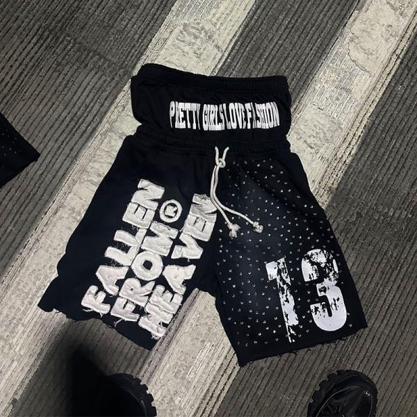 Shorts sur mesure en strass double taille appliqué brodé patch pantalon de rue stressé pantalon de survêtement pour hommes