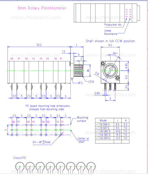Potenciómetro de 9 mm 8 de banda rotativo mono con eje de plástico personalizado para audio
