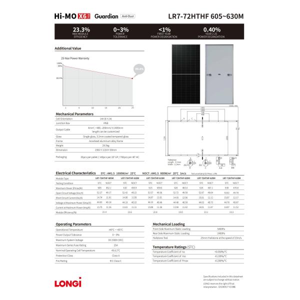 Monocrystalline Silicon Solar PV Module 605W-630W with 22.4%-23.3% Panel Efficiency