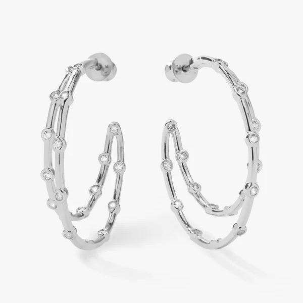 White Cubic Zirconia Hoop Earrings Bezel Set Twin Hoop Earrings 18K Gold