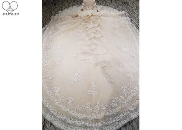 Female Princess Grace Wedding Dress Half Sleeve Beaded Net Three Layer Lace Tail