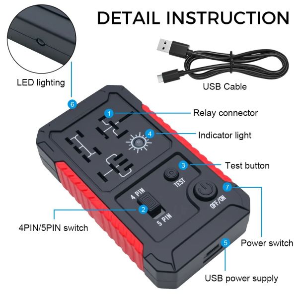 12V Automotive Relay Tester with USB Power Supply and LED Indicator - Portable Car Relay Checker for 12V Systems