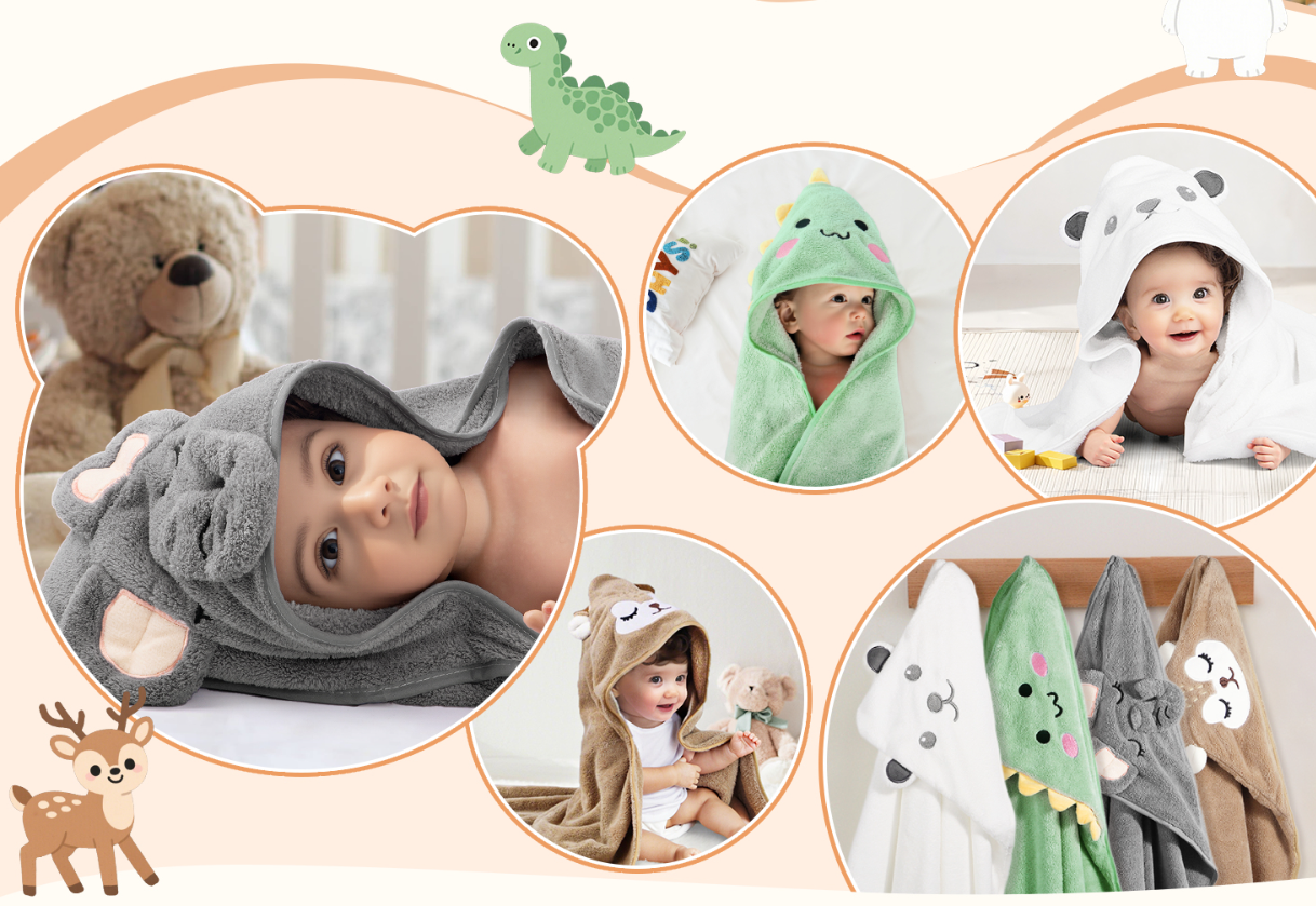 12 PCS Baby Bath Towels Set, 4 PCS Animal Hooded Baby Towels & 8 PCS Washcloths Set, Ultra Absorbent Cute Soft 