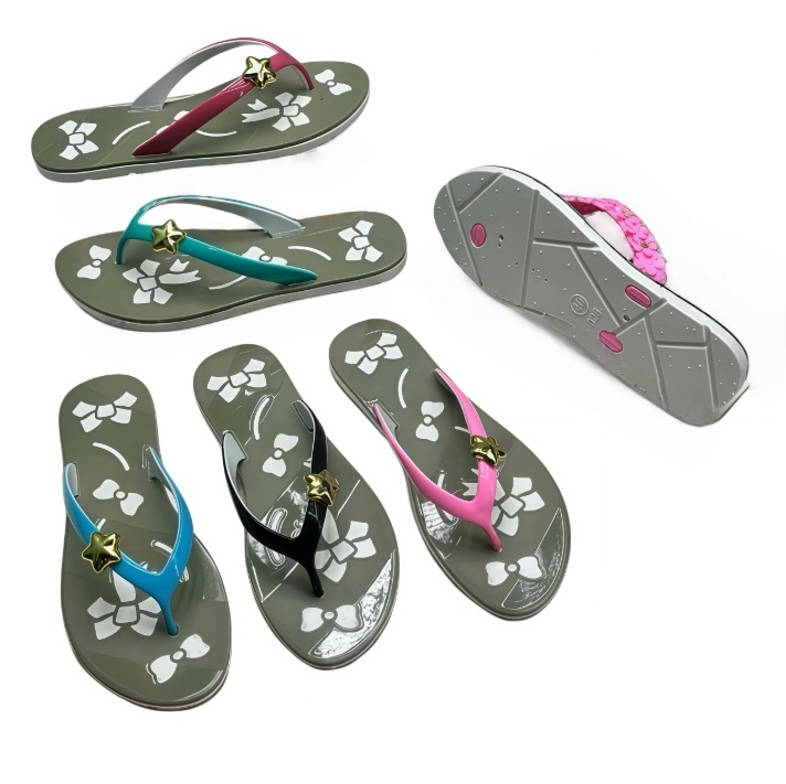PVC Women Bow Print Sole Thongs With Two-tone Strap And Star Accent