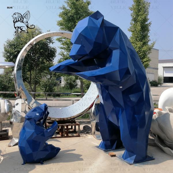 Stainless Steel Bear Sculpture Blue Geometric Mirror Metal Animal Statue Modern Art Outdoor Garden