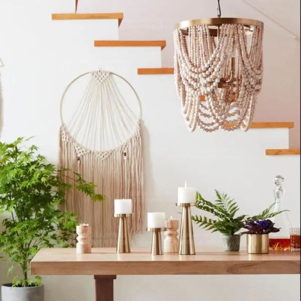 Gold Chandelier Wooden Beaded Lighting Fixture Fringe Hanging Light Silas Chandelier (WH-AP-652)
