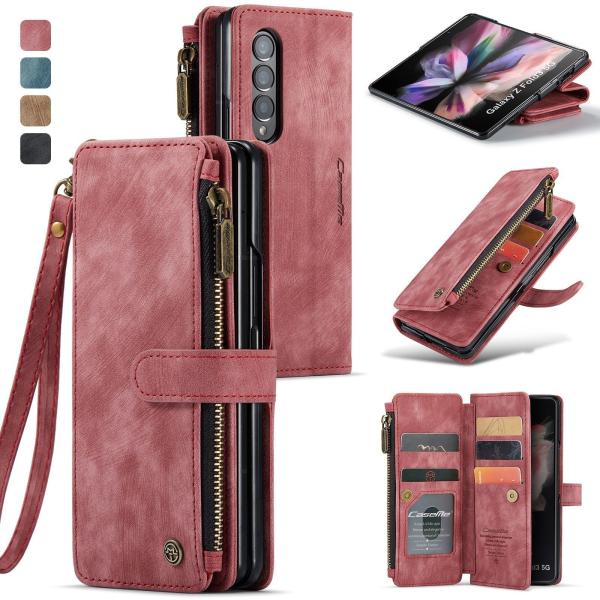Vintage Card Wallet Phone Case For IPhone 14 Pro Max And Samsung Z Fold 5 In Red Leather