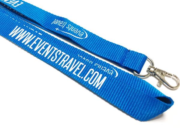 Blue Custom Polyester Lanyard Name Badge Lanyard White Logo Metal Hook For Event