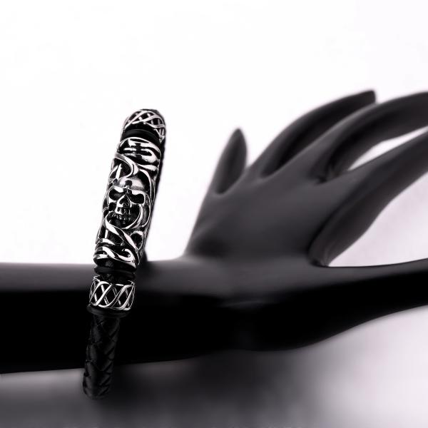 Cheap price black plated the north skull metal charm black leather men skull bracelet for wholesale