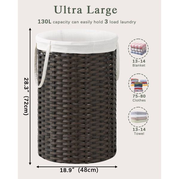 Large Laundry Hamper Laundry Basket Round Handwoven Wicker Laundry Baskets Rattan Laundry Basket With Removable Bag Handles 2 Mesh Bags For Living Room Bedroom Natural