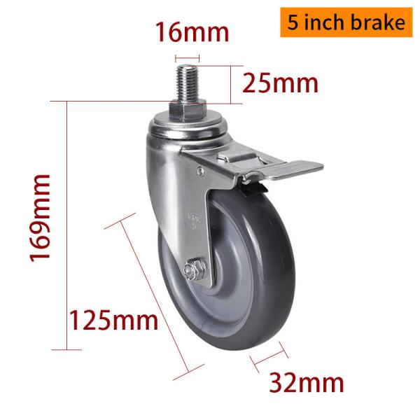 EDL à charge moyenne de 5 pouces 150 kg TPU fileté à rouleaux par pivotement et frein de type 505S-76