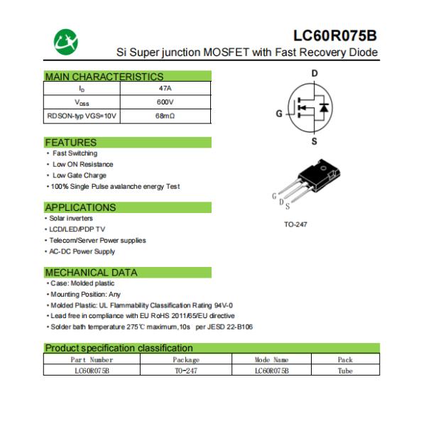 Si MOSFET de súper unión de alta corriente de frío Mos 47A 600V 68mΩ