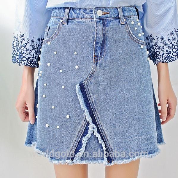 Light  Blue Female A LINE Split Denim Skirt With Pearls & Frayed Hem